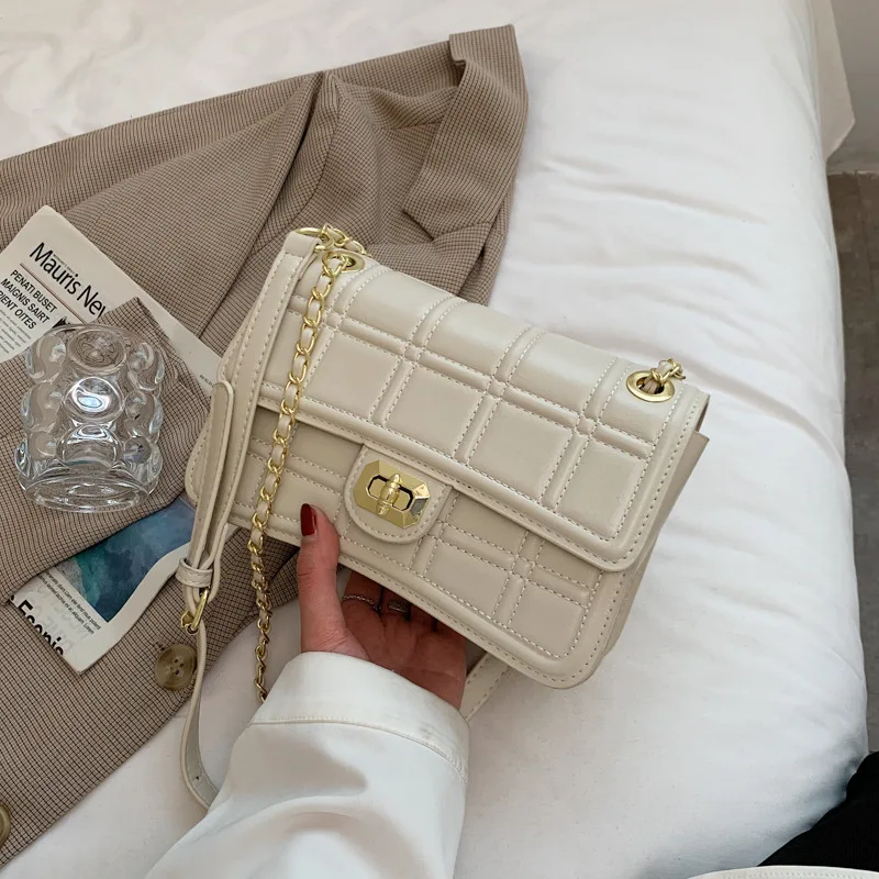 

Summer new casual small square bag lwomen rhombus chain lock messenger bag brand design simple shoulder bag cover pures 2021
