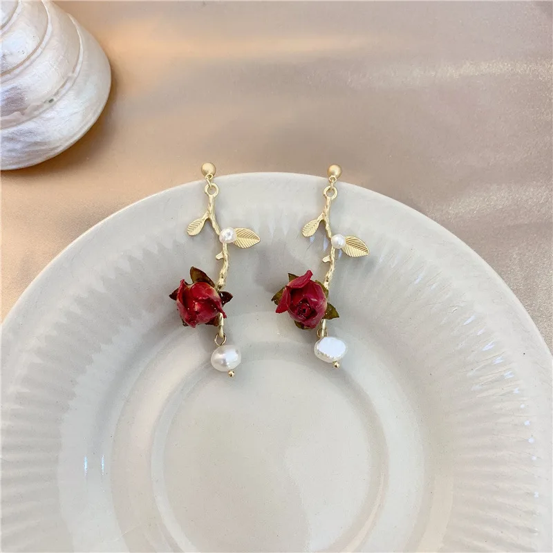 

Natural Freshwater Pearl Drop Earrings Natural Rose Flower Ear Pin Sterling Silver Girl Fashion Jewelr