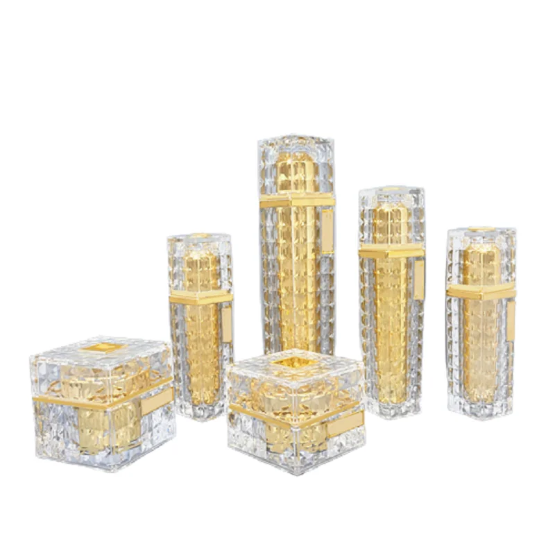 

15G 30G 50G Luxury Square Cosmetic Acrylic Cream Jar 40ML 60ML 100ML Gold Crystal Empty Spray Lotine Pump Packaging Bottle 5Pcs