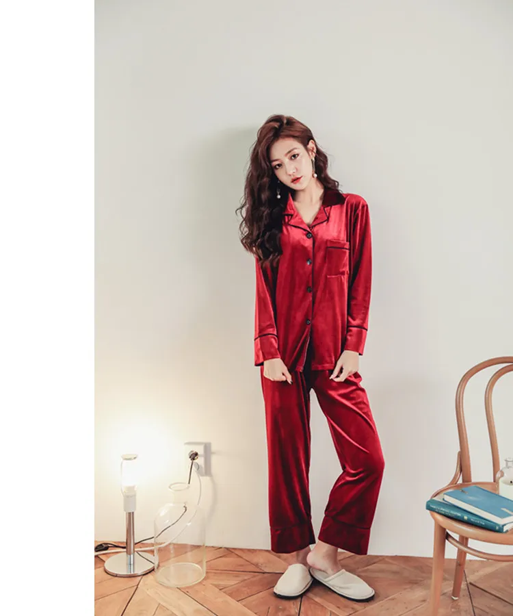 

Autumn Winter Warm Pajamas Set Women Sleep Set Deep Gold Velvet Thicken Women Pajama Sets Long Pant Set Ladies Flannel Sleepwear