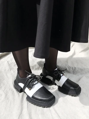 

New Retro Square-toe Leather Shoes Woman Handmade Genuine Leather Round Toe Lace-Up Thick-heel Designer Platform Shoes Spring