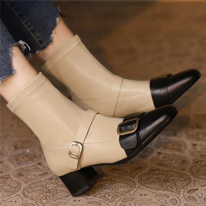 

VERCONAS Retro Concise Women Ankle Boots Metal Buckle Genuine Leather Thick Heels Shoes Woman Stretch Boots Autumn Office Casual