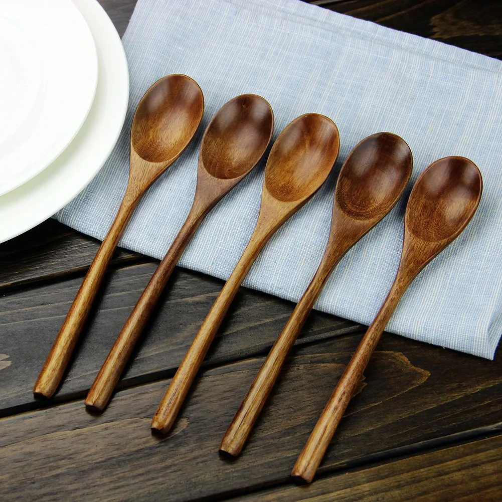 5 Pieces Wooden Soup Spoon and  Fork Eco Friendly Set for Eating Mixing Stirring Tableware Natural Ellipse Ladle eco friendly