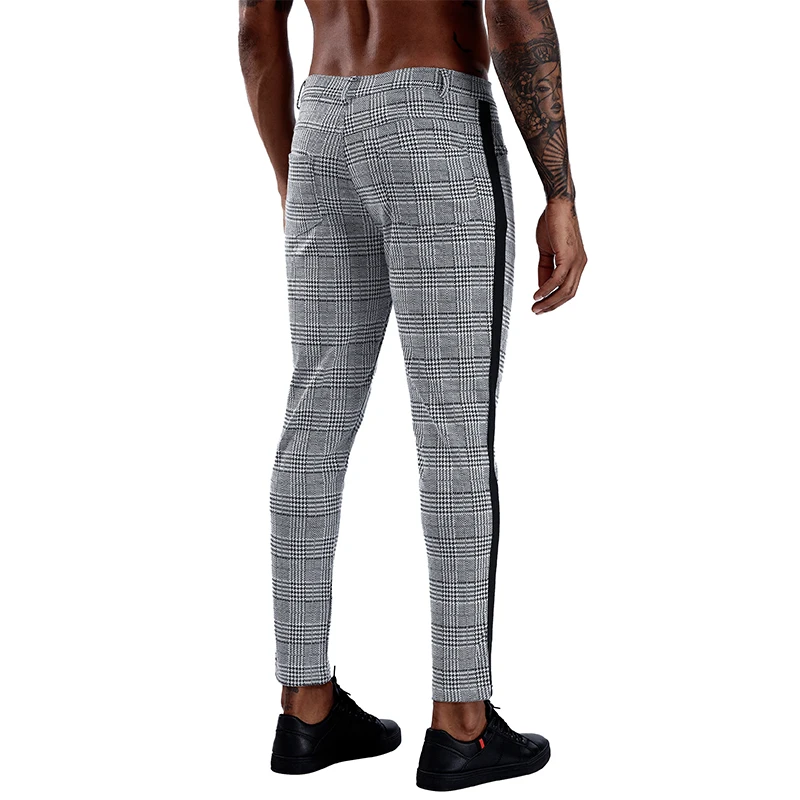 

Casual Mens Chinos Cotton Slim Fit Men Pants Trousers Skinny Chinos Pants Grey Ankle Length Streetwear Plaid Side Stripe Pants