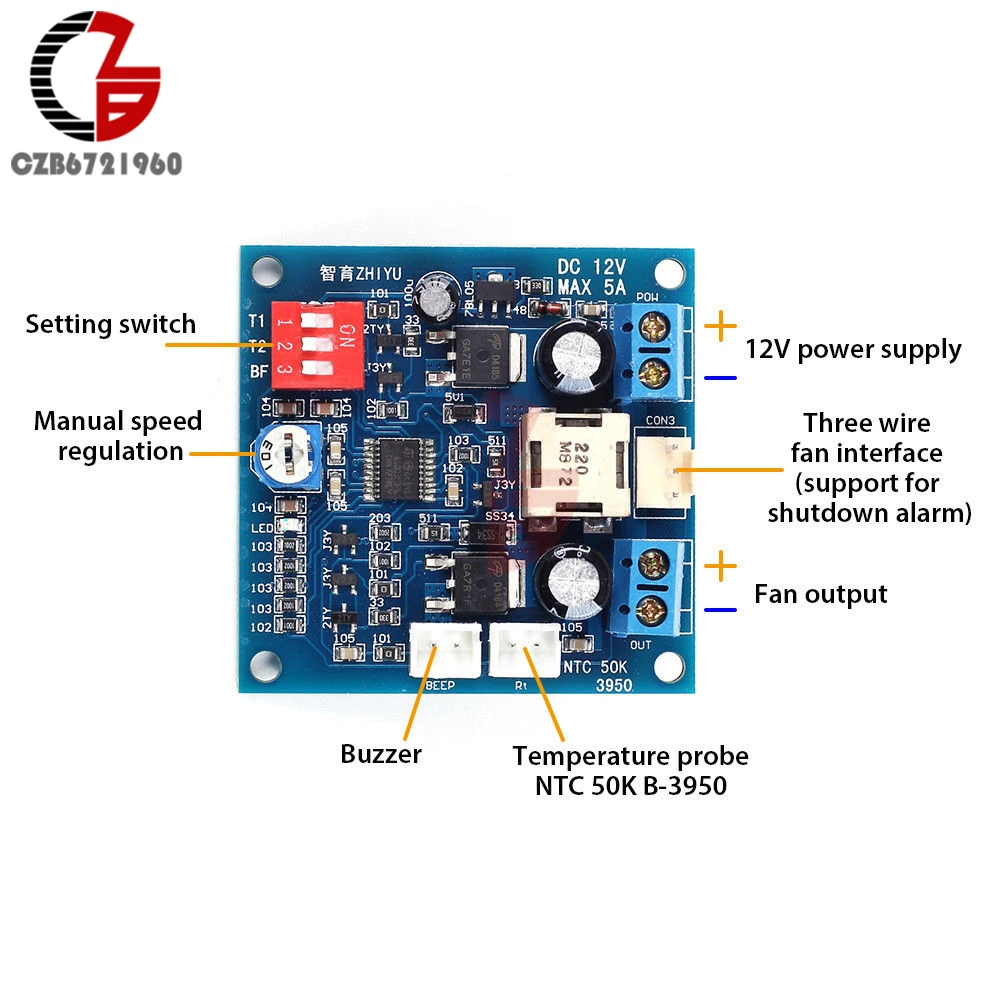 DC 12 В 5A PWM PC Вентилятор регулятор скорости двигателя Лер контроль температуры Лер термостат ЦП Высокая температура сигнализации Базз радиатор контроль переключатель