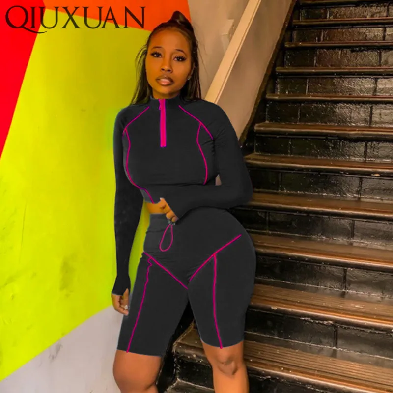Qiuxuan неоновые полосатые Лоскутные женские наборы для фитнеса с длинным рукавом
