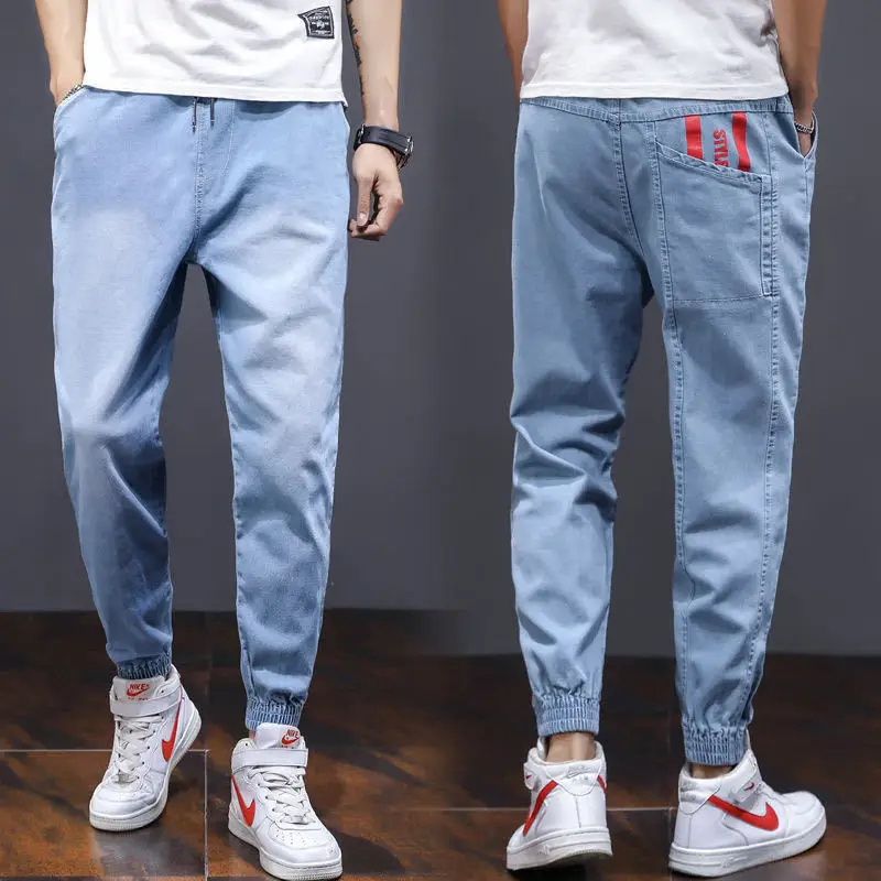 Summer Thin Hip Hop Jeans Male Loose Ankle-Tied Harem Pants Elastic Waist Trousers Korean Fashion Clothing Jogger Jeans for Men