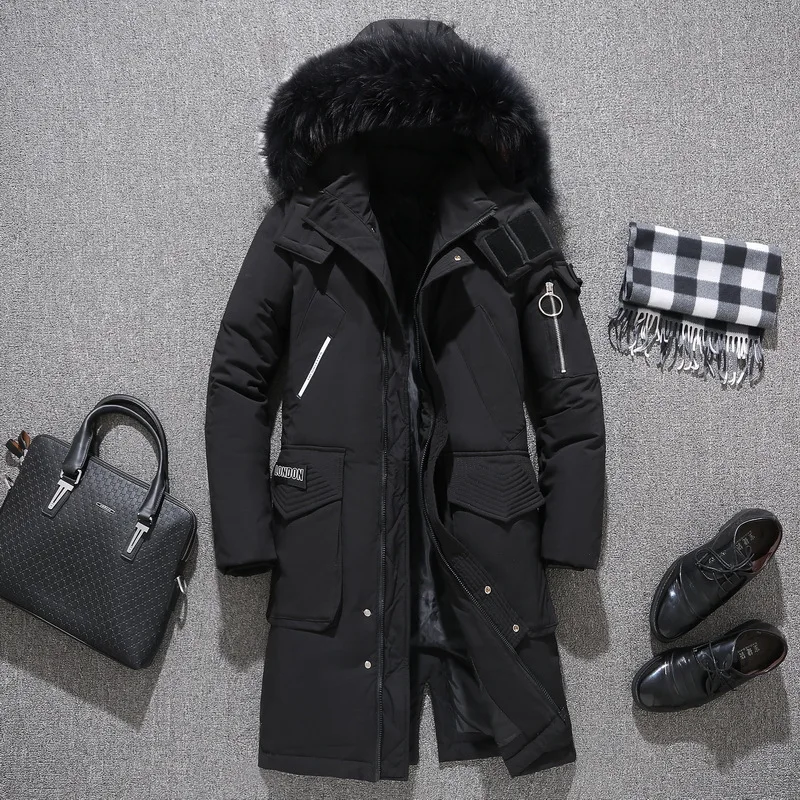 

Парка мужская длинная на белом утином пуху, с капюшоном и меховым воротником