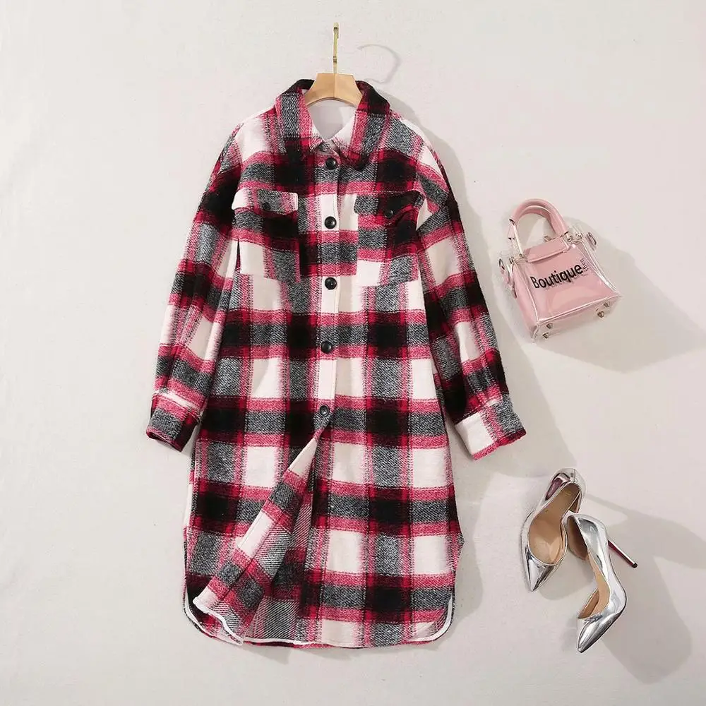 

Женская одежда в американском и Европейском стиле, новинка зимы 2021, стильное однобортное модное свободное шерстяное пальто в клетку с длинн...