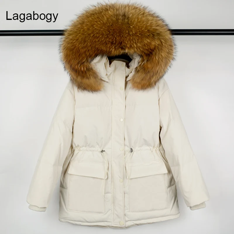 

Lagabogy 2021New Winter White Duck Down Parka Thick Warm Loose Coat Female Hooded Huge Real Raccoon Fur Collar Waterproof Jacket