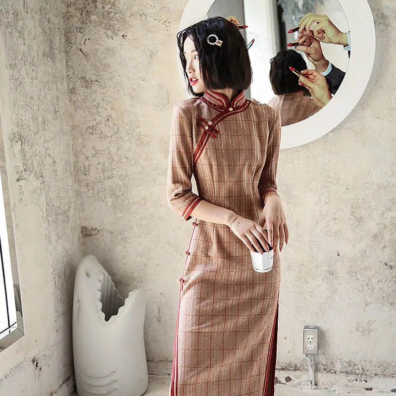 Китайский национальный Ципао платья в клетку пикантное платье средней длины