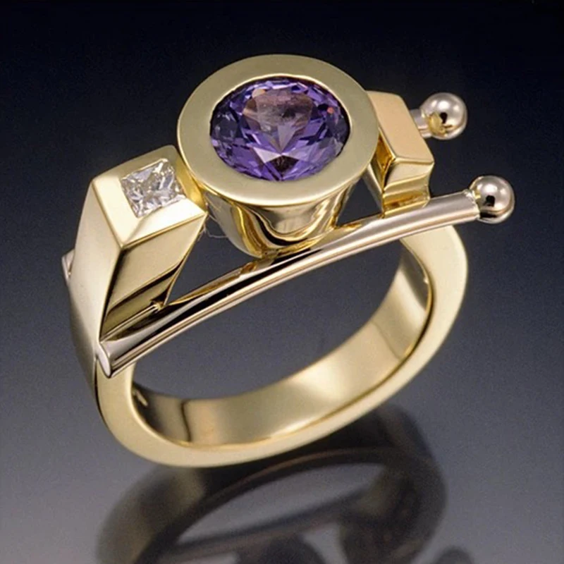

Stylish Gold Color Purple Rhinestone Rings For Women Delicate Double Layer Metal Ball Geometric Finger Ring Anillos Z4T219