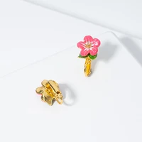 jaeeyin 2021 autumn new trendy hand make enamel pink flower green leaf holiday jewelry country style stereo clip earrings female