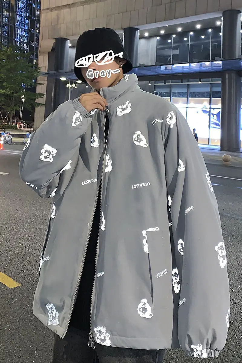 

2020 Autumn And Winter New Youth Popular Couple Personality Reflective Printing Cotton Jacket Fashion Casual Stand Collar Top