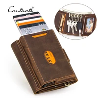 contacts crazy horse leather key wallet rfid credit card holder aluminium box small coin purse wallets multifunction key case