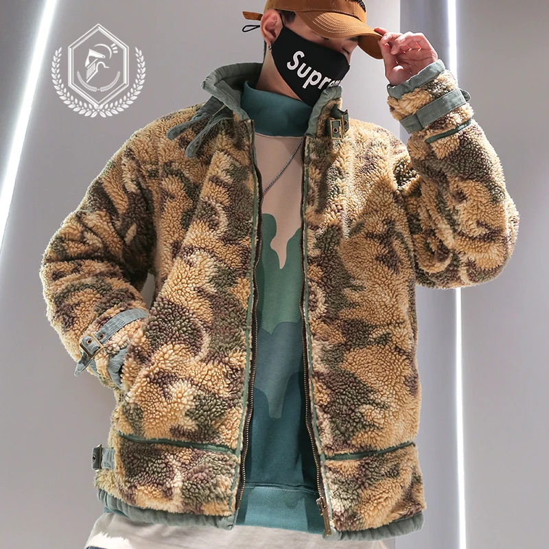 

Men Fashion Loose Print Fleece Heavyweight Jacket Casual Hip Hop Parkas Coat