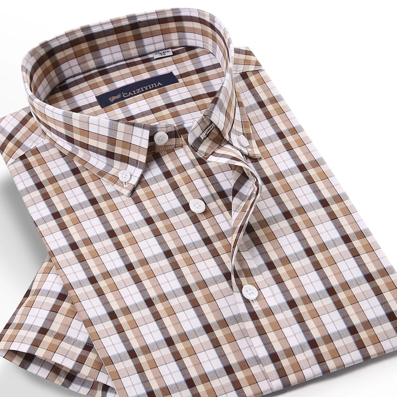 Men's Short Sleeve Plaid Checkered Bamboo Fiber Shirts Pocket-less Design England Style Casual Standard-fit Button-down Shirt