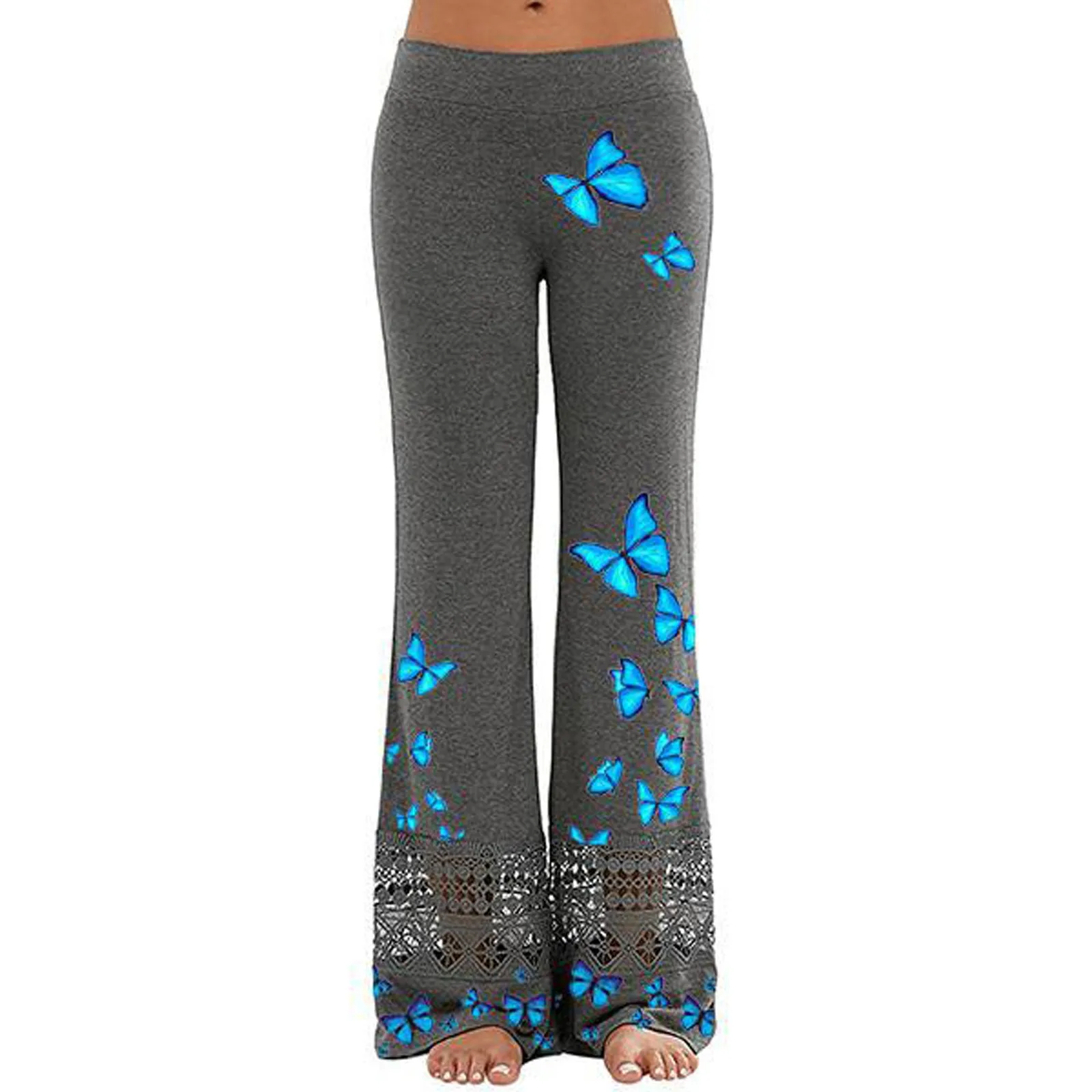 

New Fashion Women Lace Hollow Wide Leg Casual Pants Butterfly Print Yoga Sports pants casual trousers pantalon pour femme