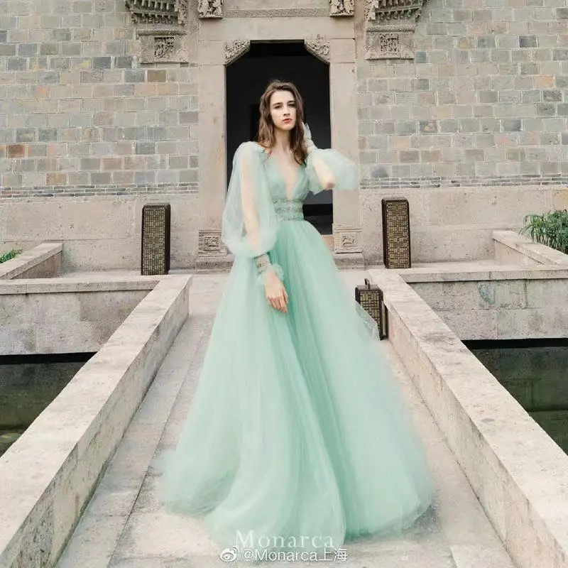 

luxury evening dress crystal beading A-line evening dress princess party dress robe de soirée de mariage blue wedding dress