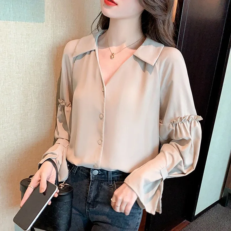 

Women Casual Blouses Shirts New Arrival 2022 Spring Korean Style V-neck All-match Loose Ladies Elegant Long Sleeve Tops W844