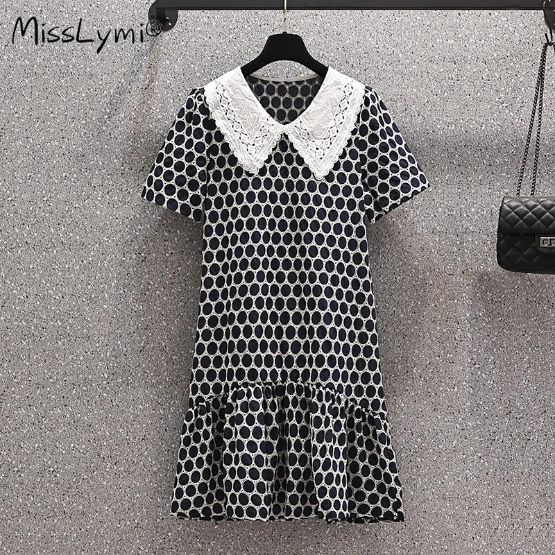 

Large Size Women Cute Polka Dot Dress Summer 2022 Lace Peter Pan Collar Short Sleeve Floral Embroidery Loose Ruffle Dresses
