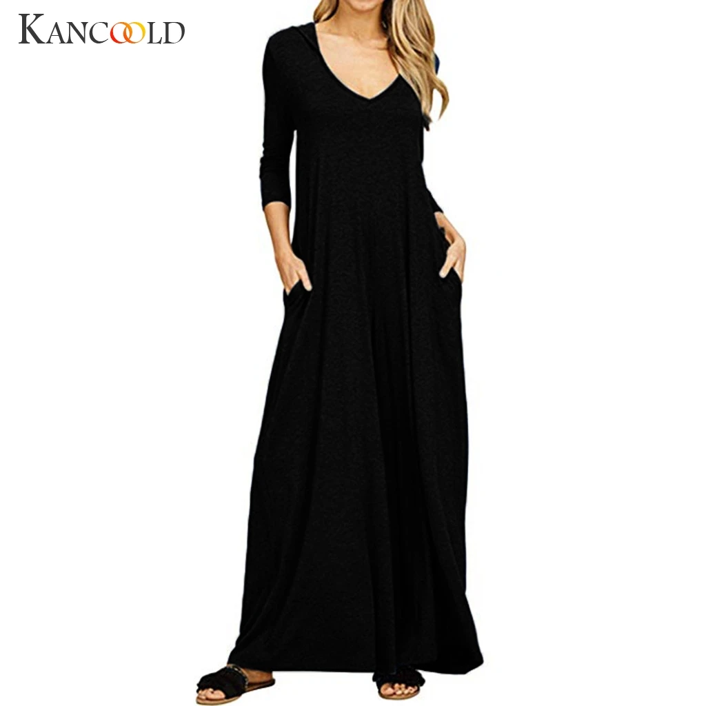 Женское повседневное однотонное свободное платье KANCOOLD с V образным вырезом