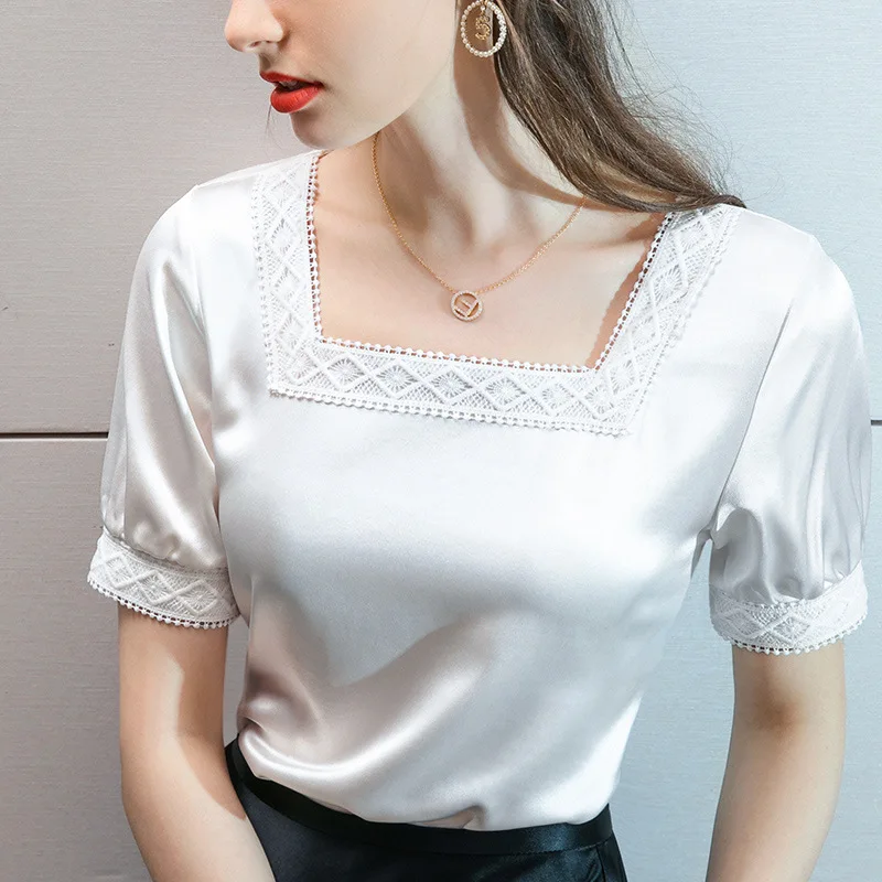 

Silky Satin Short-Sleeved T-shirt Female 2020 Summer Half-Sleeved T-shirt French Retro Court Fan Acetic Acid Square Collar Shirt