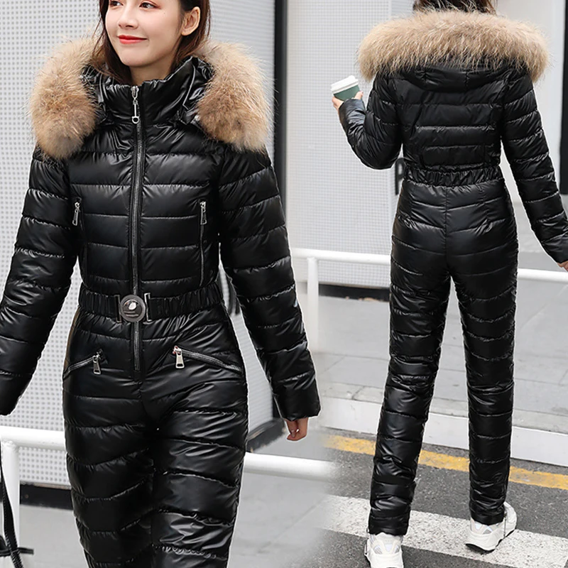 2021 Winter Women's Hooded Jumpsuits Parka Cotton Padded Warm Sashes Ski Suit Straight Zipper One Piece Casual Tracksuits