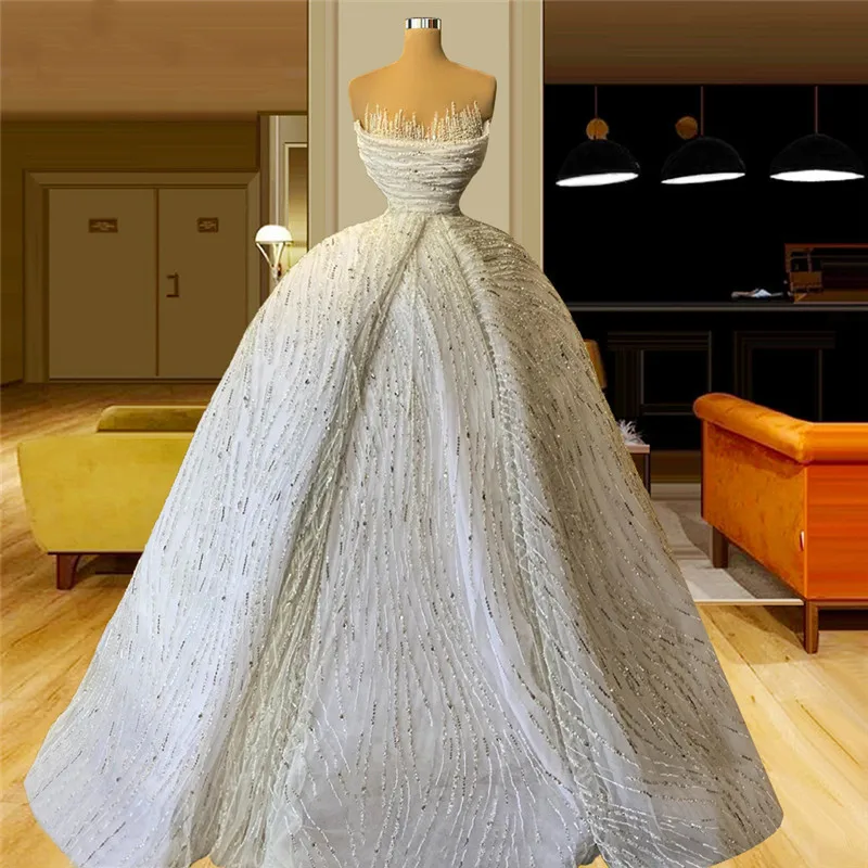 

2022 A Line Wedding Dress Strapless Beading Sequined Lace Bridal Gowns Luxurious vestido de novia