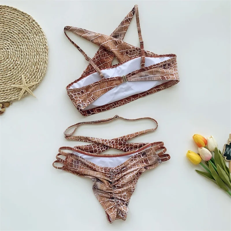 

Sexy Snake Print Bikini 2021 Cross Halter Swimsuit Female Bathers High Waisted Bikini Lace Up Swimwear Women Bathing Suit New