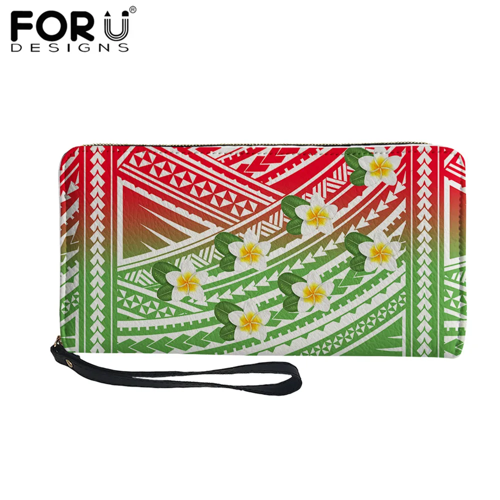 

FORUDESIGNS Women's Pu Leather Long Wallet Fashion Portable Coin Money Purse for Lady Polynesian Frangipani Flower Printed Bags