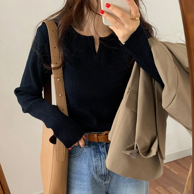 

HziriP Korean Chic Solid V-Neck Sweater Slim Full Sleeved Knitting Top Fashion Casual Loose 2021 Autumn Retro All-Match Elegant