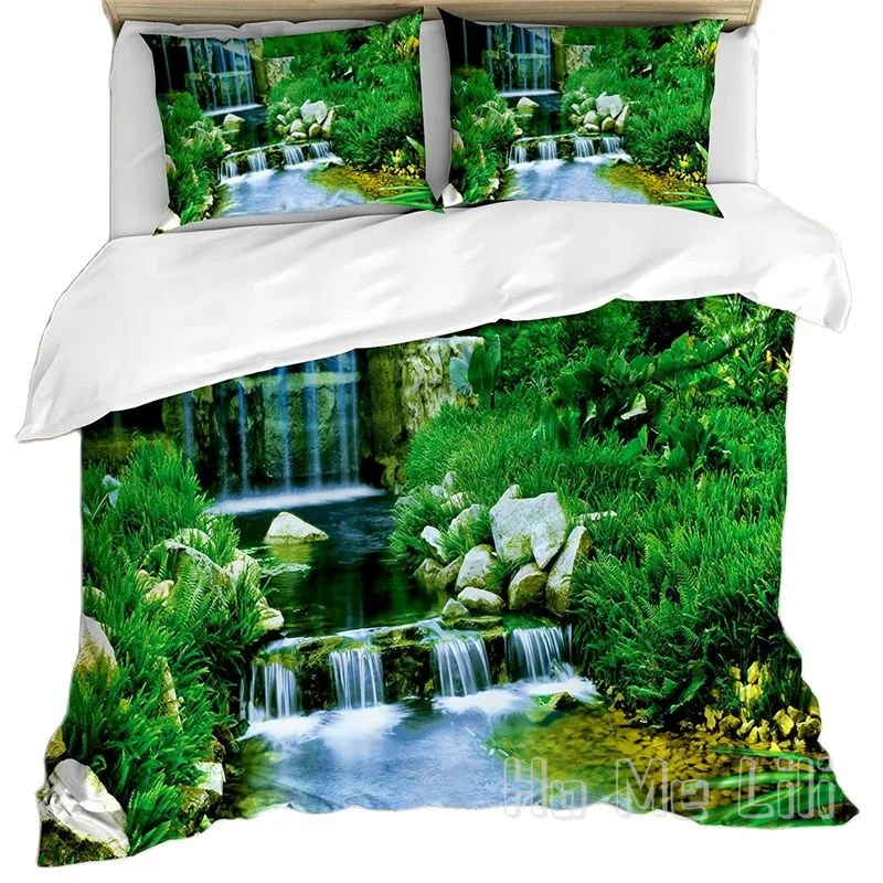 

Nature Duvet Cover By Ho Me Lili Waterfall Flowing Down Rocks Foliage Cascade Forest Valley Bedding Set With Pillow Shams