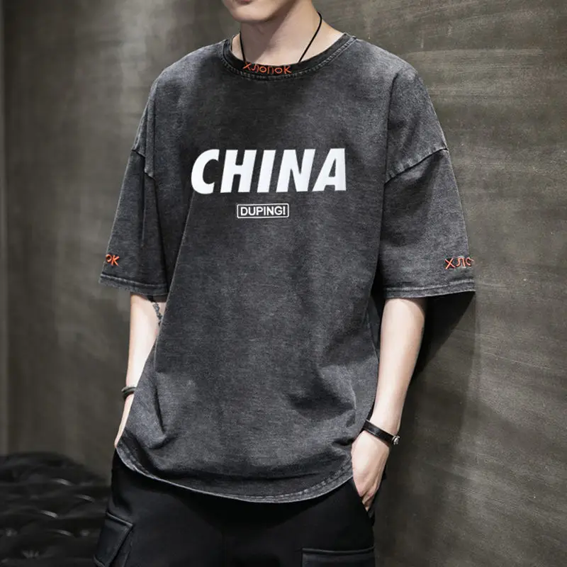 

2021 summer short sleeve t-shirt men's Korean version of loose denim five-point sleeve jacket casual round neck t-shirt