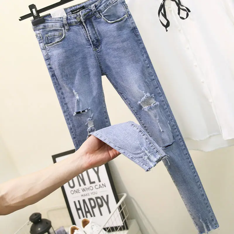 

High Waist Light-colored Ripped Jeans Women's Summer 2021 New Korean Version of Tight-fitting Thin Feet Nine-point Thin Section