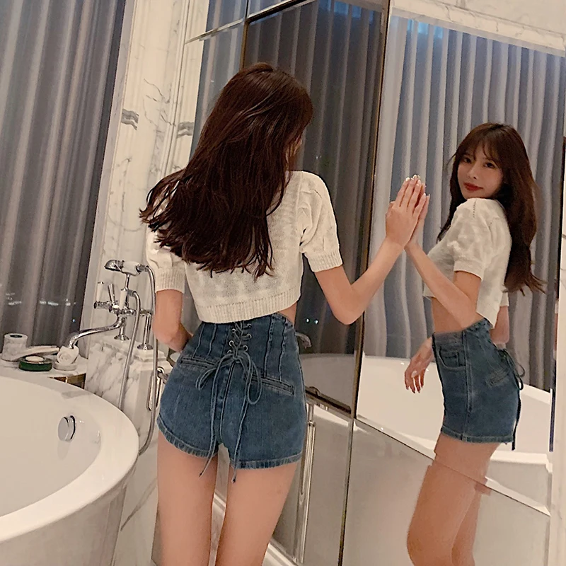 

Design Lace-up Versatile Hot Pants Spring New High Waist Slim Slimming Sheath Retro Washed Jeans for Women Fashion