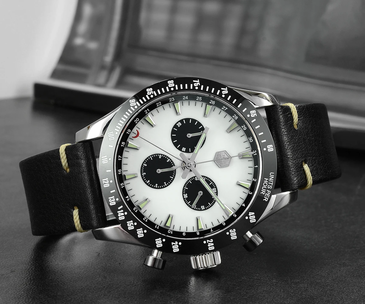 Lugyou San Martin Quartz Watch Men Chronograph Timepiece Sun ray Metal Band Sub Dials Pusher Sapphire 100m Water Resistant Glow
