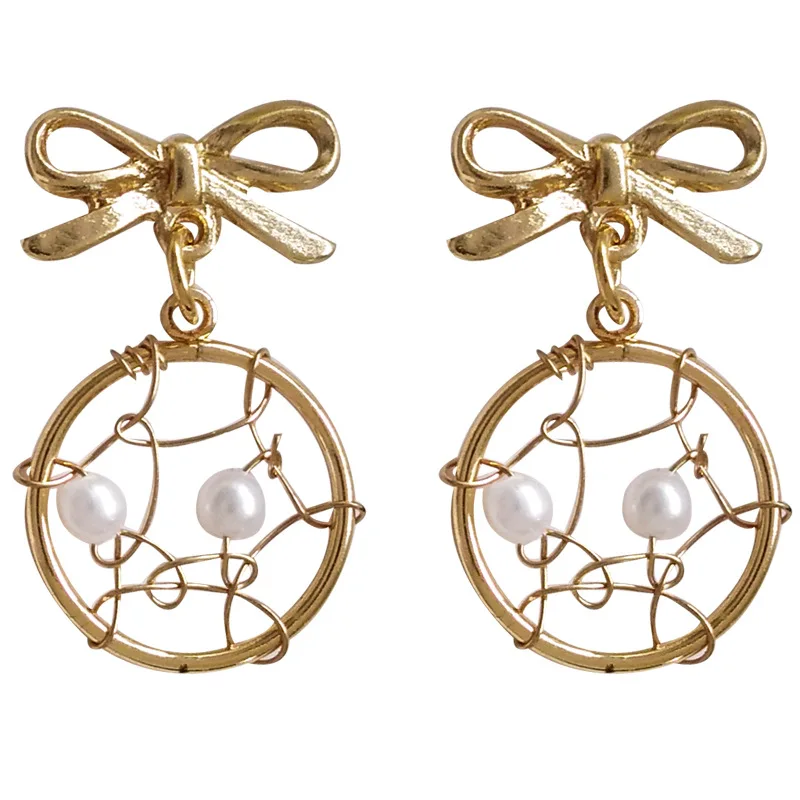 

S925 needle Women Jewelry Earrings Sweet Design Golden Plating Bowknot With Simulated Pearl Dangle Drop Earrings For Girl Gift
