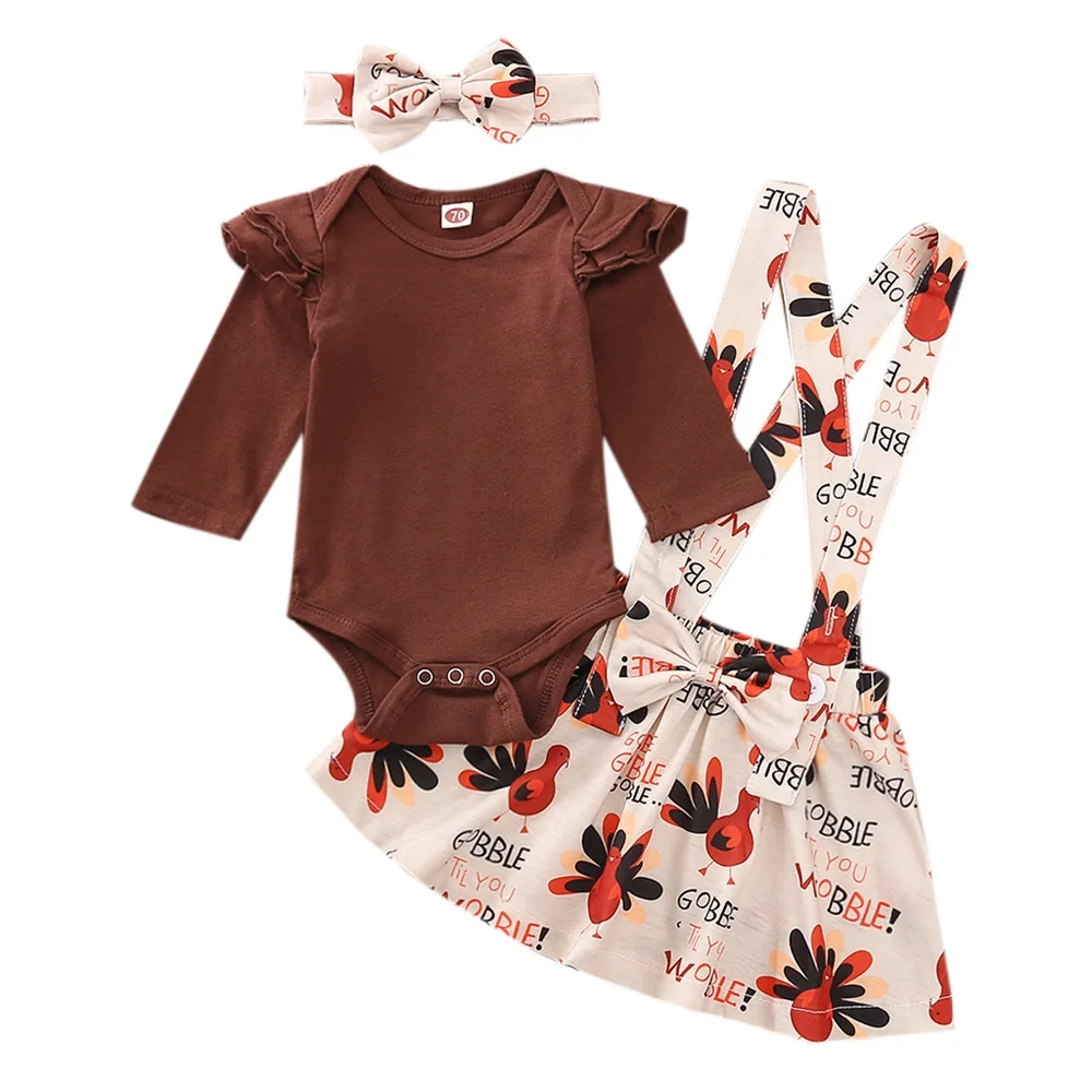 

Для новорожденных, для маленьких девочек юбка набор для Дня благодарения с длинным рукавом Ползунки с принтом; Юбка на подтяжках; Повязка на...