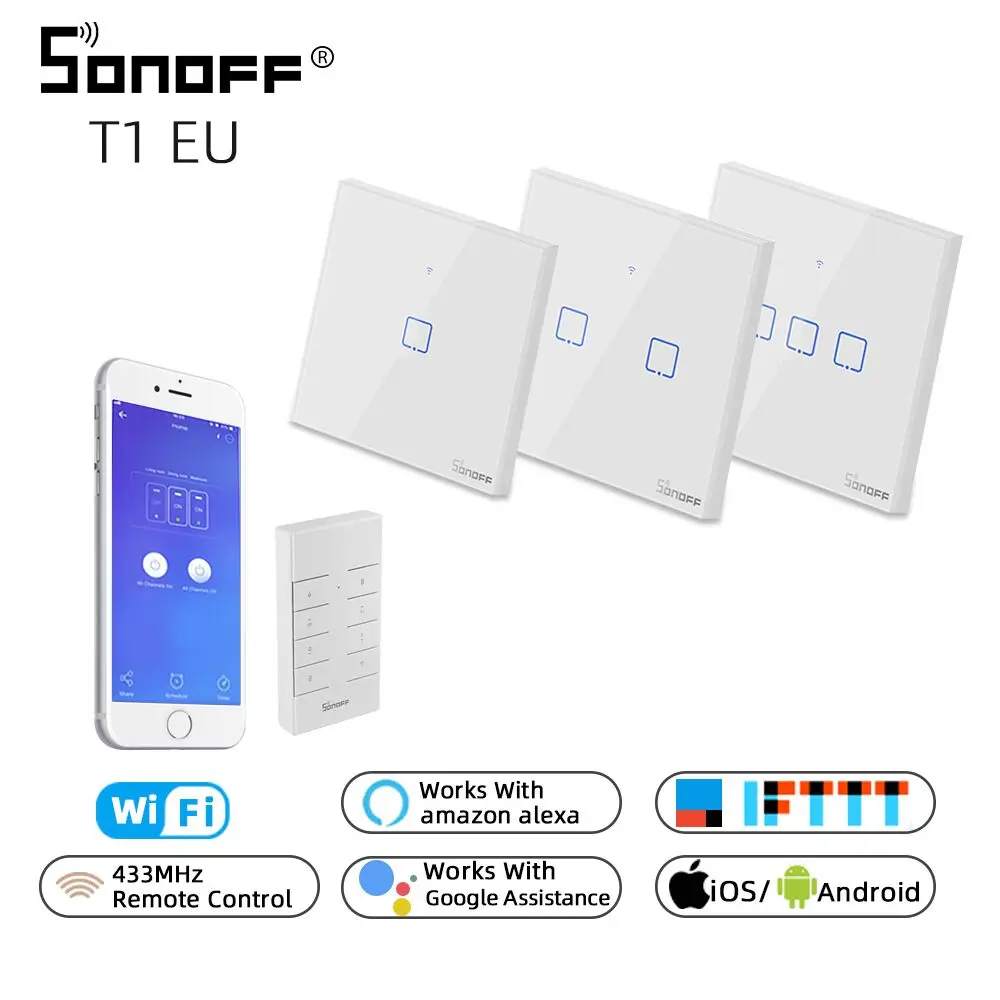 Интеллектуальный выключатель света SONOFF TX T1 ЕС 1/2/3 настенный светильник сенсорный выключатель Панель Wi-Fi RF 433 МГц RF пульт Управление eWelink Поддержка Smart Google Home Alexa