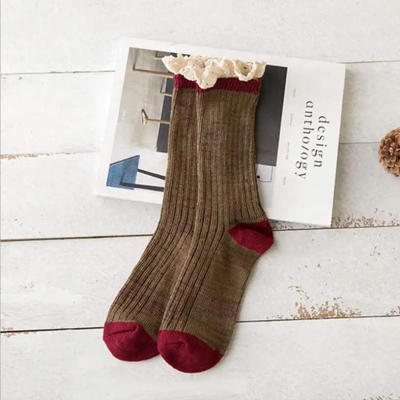Thick Cotton Socks for Women Lace Cuff Ribbed Marled Yarn Multi Winter Ankle Socks Warm Crew Sock 5Pairs/ Lot
