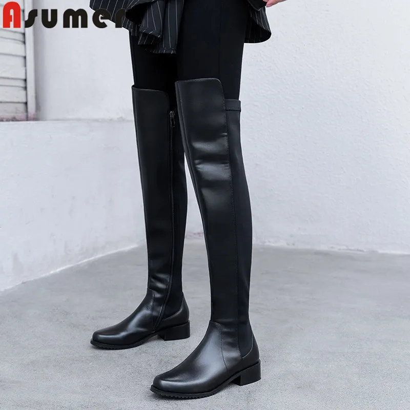 Женские ботфорты из коровьей кожи ASUMER черные на молнии с круглым носком среднем