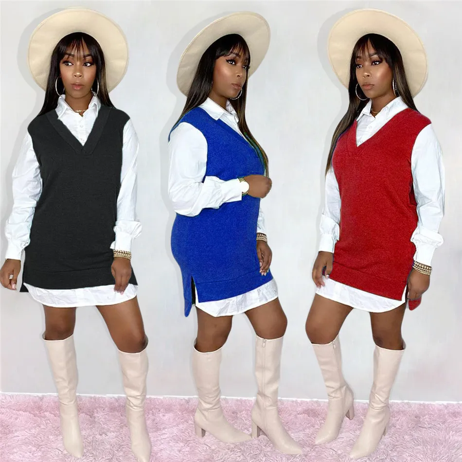 

Women Dress Color Block Patchwork Casual Knit Shirt Dress Autumn Sexy Turn Down Collar Long Sleeve Vestido Office Lady Dresses