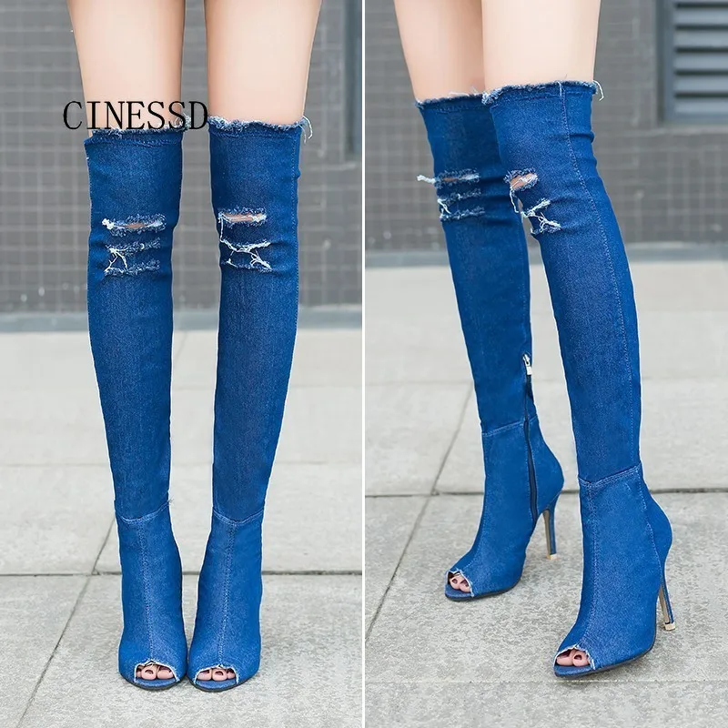 Ботфорты из джинсовой ткани летняя модная женская обувь на шпильке женские