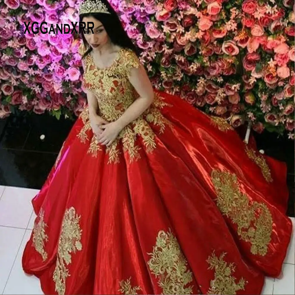 

Red Ball Gown Quinceanera Dresses 2020 Scoop Golden Lace Appliques Sweet 15 16 Dress Birthday Pageant Gown Princess Plus Size