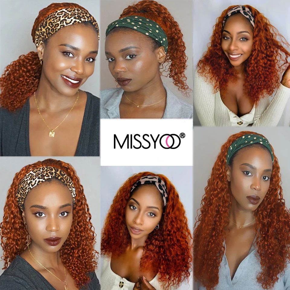 

Headband Deep Curly Hair Wig Orange Brazilian Human Hair Full Machine Made For Black Women Remy Hair Glueless Ombre Scarf Wigs