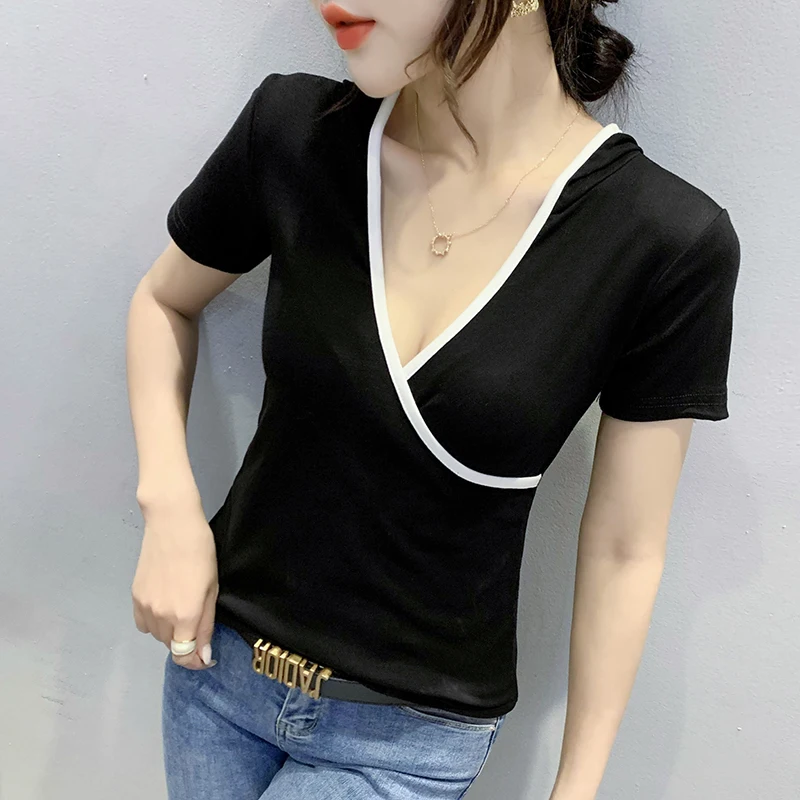 

summer Casual T-shirt Fashion Color contrast Hooded Short sleeve V-neck Top Women T Shirt Plus Size