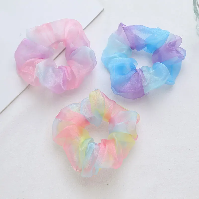 

Super Fairy Hair Accessories Transparent Tulle Organza Hair Ties Women Rainbow Net Yarn Mesh Scrunchies Elastic Hair Bands Hot