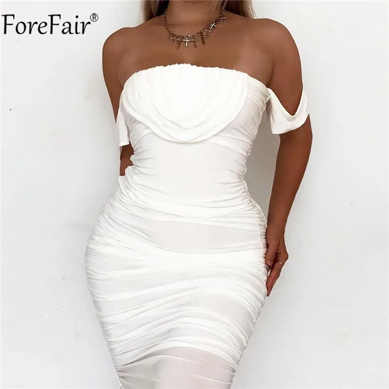 Forefair пикантное белое летнее облегающее Сетчатое платье с рюшами вечернее
