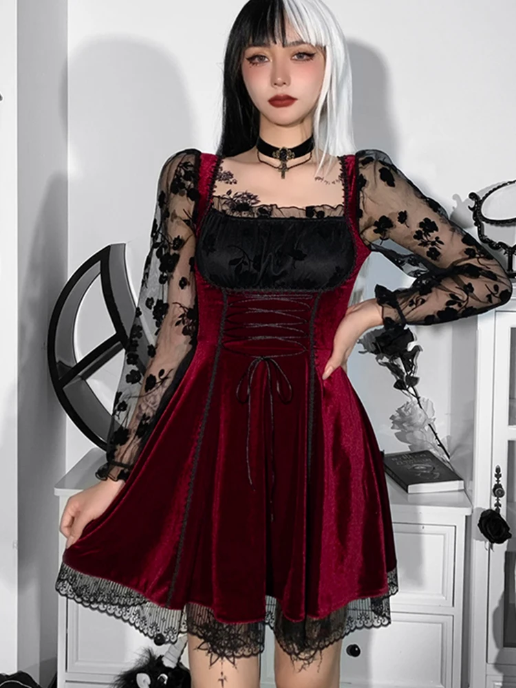 Винтажное черное бархатное платье InsGoth в готическом стиле на шнуровке эстетичные
